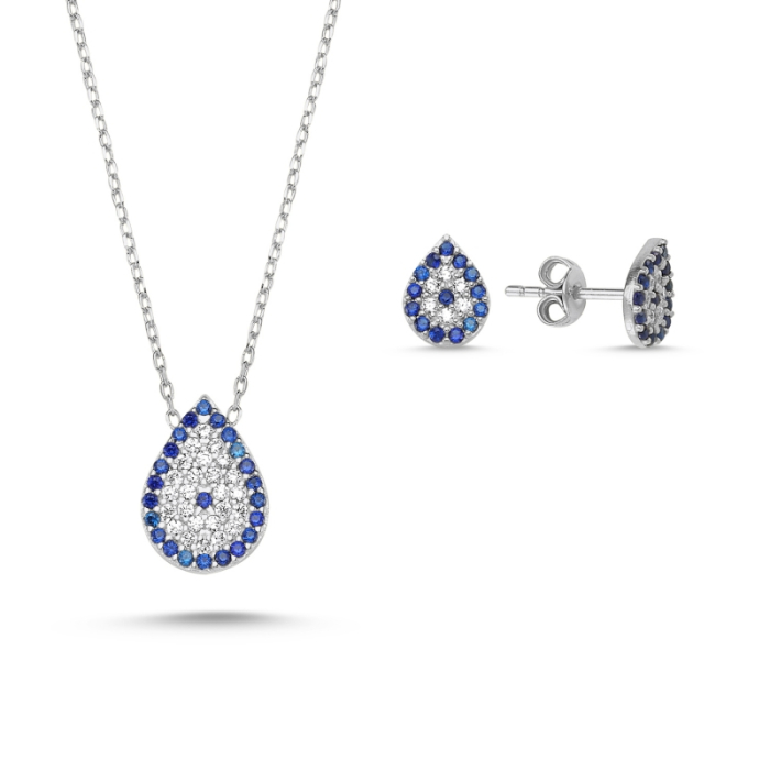 Set argint 925 - placat cu rodiu, colier 40+5 cm (pandantiv 9 mm) si cercei 8 mm - Teardrop Evil Eye [1]