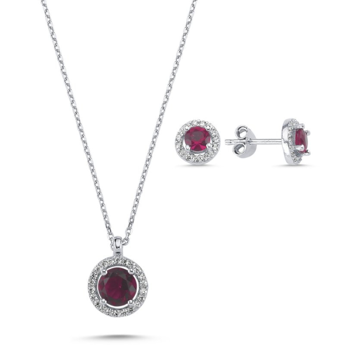 Set argint 925 - placat cu rodiu, colier 40 cm (pandantiv 8 mm) si cercei 7 mm - Round halo - rUBY [1]