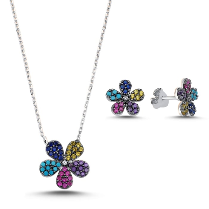 Set argint 925 - placat cu rodiu, colier 40 cm si cercei 10 mm - Colorful zirconia Flower [1]