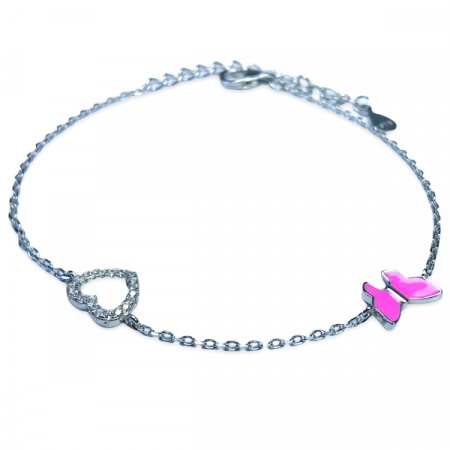 Bratara argint 925, placata cu rodiu - charm Inima si fluture roz, marime reglabila 17+5 cm, cu pietre din zirconiu [1]