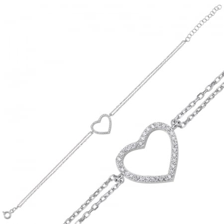 Bratari - Bratara din argint 925, placata cu rodiu, 17 + 3 cm, Elegant Heart zirconiu, lantisor dublu