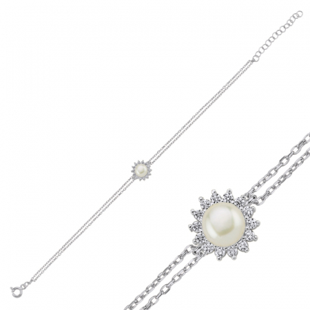 Bratari - Bratara din argint 925, placata cu rodiu, Halo Solitaire Pearl 9 mm incrustat cu zirconia, circumferinta 17+3 cm