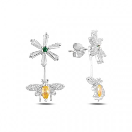 Cercei din argint 925 - placati cu rodiu, Albinuta si Floricele, zirconiu colorat,  20x12mm [1]