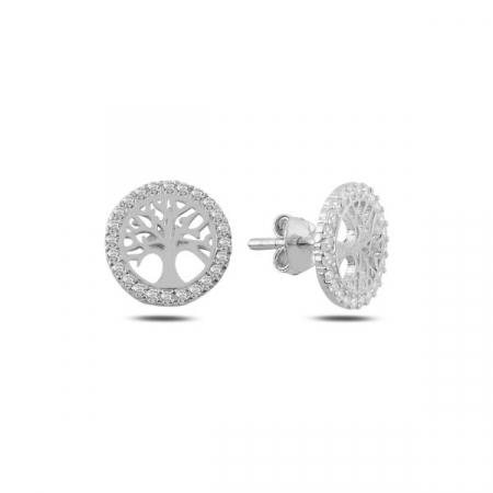 Cercei - Cercei din argint 925, placati cu rodiu, model Copacul vietii cu zirconiu, 9 mm
