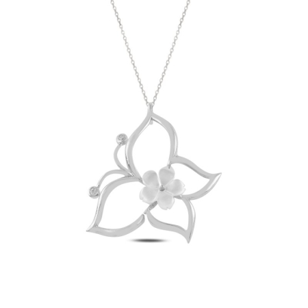 Coliere - Colier argint 925 placat cu rodiu, Flower Mother of Pearl & Butterfly, lungime lantisor 40 cm