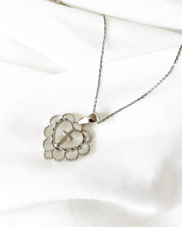 Colier argint 925 placat cu rodiu, Inimoare si cruciulita cu zirconiu alb stralucitor, 18x19 mm [0]