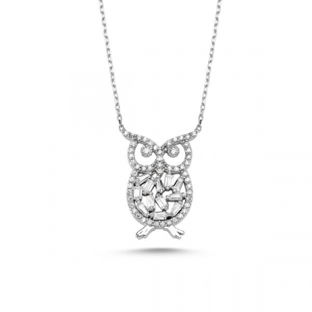 Coliere - Colier din argint 925, elegant, placat cu rodiu, pandantiv Bufnita cu zirconiu stralucitor, 40 cm