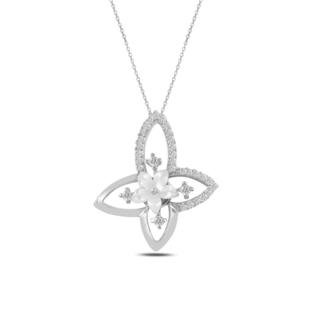 Coliere - Colier din argint 925, elegant, placat cu rodiu pentru mentinerea stralucirii, pandantiv Flower Mother Of Pearl