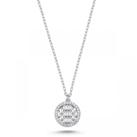 Colier din argint 925, placat cu rodiu, pandant round Baguette cu zirconiu, lungime lantisor 40 cm [1]