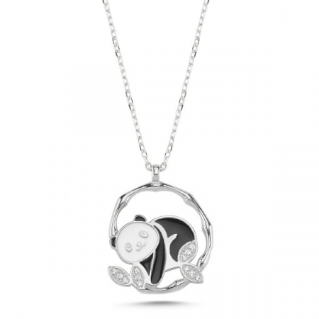 Coliere - Colier din argint 925, placat cu rodiu, pandat Ursulet Panda cu zirconiu, lungime lantisor 40+5 cm
