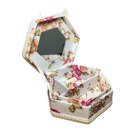 Casete bijuterii - Cutie pentru bijuterii, compartimentata, model hexagonal cu imprimeu floral si funda din satin , pentru inele, cercei, bratari sau coliere, dimensiuni 10x5 xm