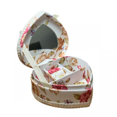 Casete bijuterii - Cutie pentru bijuterii, compartimentata, model inima cu imprimeu floral si funda din satin , pentru inele, cercei, bratari sau coliere, dimensiuni 10x5 xm