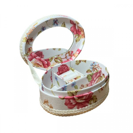 Casete bijuterii - Cutie pentru bijuterii, compartimentata, model oval cu imprimeu floral si funda din satin , pentru inele, cercei, bratari sau coliere, dimensiuni 10x5 xm