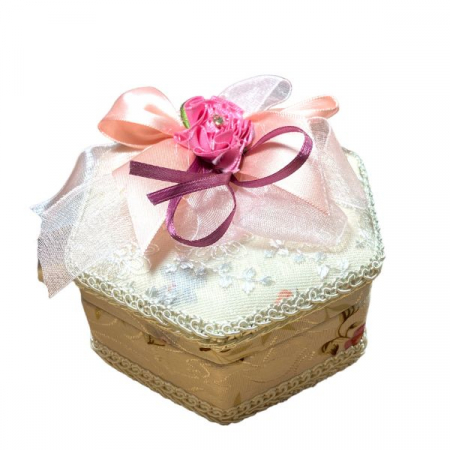 Casete bijuterii - Cutie pentru bijuterii, compartimentata, model PINK hexagonal cu imprimeu floral si funda din satin , pentru inele, cercei, bratari sau coliere, dimensiuni 10x5 xm