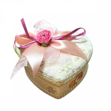 Casete bijuterii - Cutie pentru bijuterii, compartimentata, model PINK inima cu imprimeu floral si funda din satin , pentru inele, cercei, bratari sau coliere, dimensiuni 10x5 xm