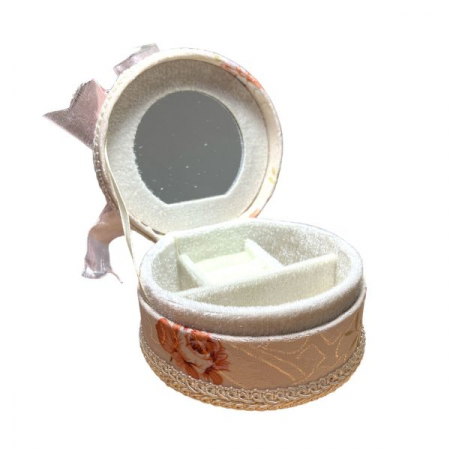 Casete bijuterii - Cutie pentru bijuterii, compartimentata, model PINK rotund cu imprimeu floral si funda din satin , pentru inele, cercei, bratari sau coliere, dimensiuni 10x5 xm