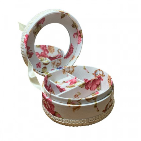 Casete bijuterii - Cutie pentru bijuterii, compartimentata, model rotund cu imprimeu floral si funda din satin , pentru inele, cercei, bratari sau coliere, dimensiuni 10x5 xm