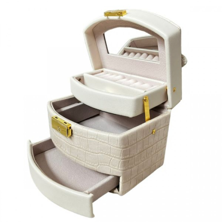 Cutie pentru depozitare si organizare bijuterii si accesorii, model etajat cu sertare si cheita, 15X13X13 cm, culoare nude [0]