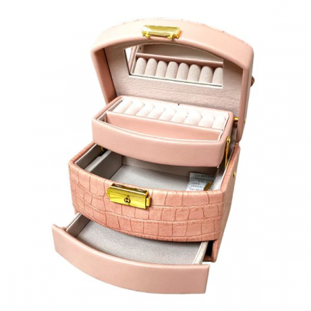 Cutie pentru depozitare si organizare bijuterii si accesorii, model etajat cu sertare si cheita, 15X13X13 cm, culoare roz somon [3]