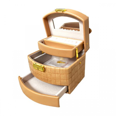 Cutie pentru depozitare si organizare bijuterii si accesorii, model etajat cu sertare si cheita, 15X13X13 cm, culoare maro cognac [2]