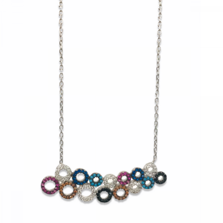 Colier din argint 925 cu pietre colorate, placat cu rodiu - pandantiv cu cerculete, prindere lant fixa in doua parti [1]