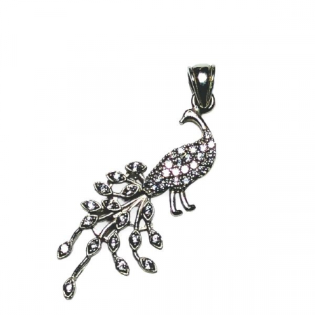 Pandantive - Pandantiv argint 925 placat cu rodiu, Paun cu zirconiu alb stralucitor, 35x15 mm