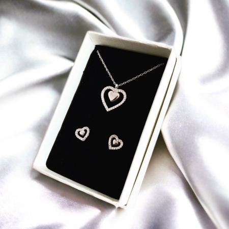 Set argint 925, placat cu rodiu, 2 piese, cercei si colier Inimioare cu zirconiu [0]