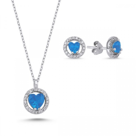 CADOURI PENTRU CUMNATE ❤️ - Set argint 925, placat cu rodiu, 2 piese, cercei si colier Round Heart cu zirconiu Aqua Marine/Light blue