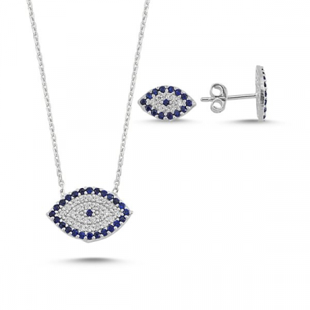 Set argint 925, placat cu rodiu, cercei si colier Evil Eye, incrustat cu zirconiu alb si albastru [1]