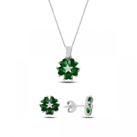 Seturi - Set argint 925, placat cu rodiu, cercei si colier Heart Star, cu zirconiu verde stralucitor