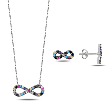 Seturi - Set argint 925, placat cu rodiu, cercei si colier INFINIT cu zirconiu mix stralucitor
