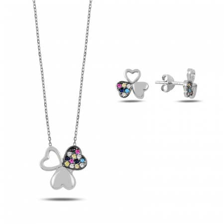 Seturi - Set argint 925, placat cu rodiu, cercei si colier Mix Clover cu zirconiu alb multicolor