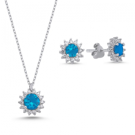Seturi - Set argint 925, placat cu rodiu, cercei si colier Halo Solitaire Colored cu zirconiu