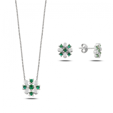 Seturi - Set argint 925, placat cu rodiu, cercei si colier Colored Flower Set cu zirconiu - Emerald
