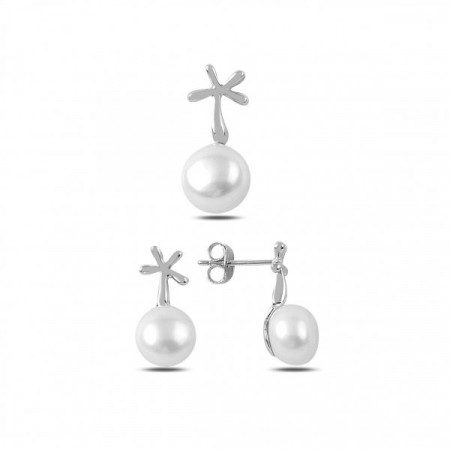 Seturi - Set argint 925 placat cu rodiu, cercei si pandantiv Perle 8mm, elegant
