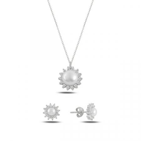 Seturi - Set argint 925 - placat cu rodiu, colier 40+5 cm (pandantiv 10 mm) si cercei 9 mm - Perla si zirconiu 