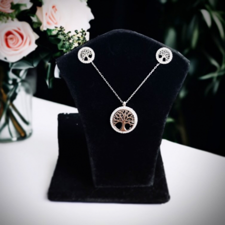 Set argint 925 - placat cu rodiu, colier 40+5 cm (pandantiv 14 mm) si cercei 10 mm - Copacul Vietii, zirconiu [2]