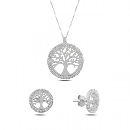 Set argint 925 - placat cu rodiu, colier 40+5 cm (pandantiv 14 mm) si cercei 10 mm - Copacul Vietii, zirconiu [1]