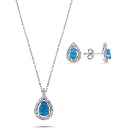 Seturi - Set argint 925 - placat cu rodiu, colier 40 cm cu pandantiv 10 mm si cercei 10/6mm - Teardrop Aquamarine