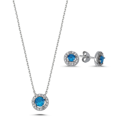 Seturi - Set argint 925 - placat cu rodiu, colier 40 cm (pandantiv 8 mm) si cercei 7 mm - Round halo - zirconiu alb