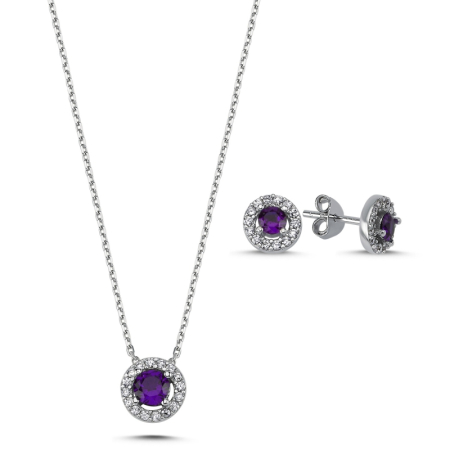 Seturi - Set argint 925 - placat cu rodiu, colier 40 cm (pandantiv 8 mm) si cercei 7 mm - Round halo - zirconiu alb