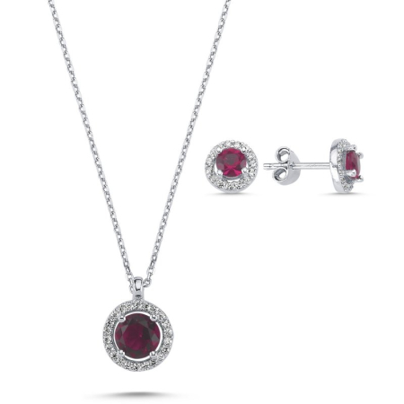 Seturi - Set argint 925 - placat cu rodiu, colier 40 cm (pandantiv 8 mm) si cercei 7 mm - Round halo - rUBY