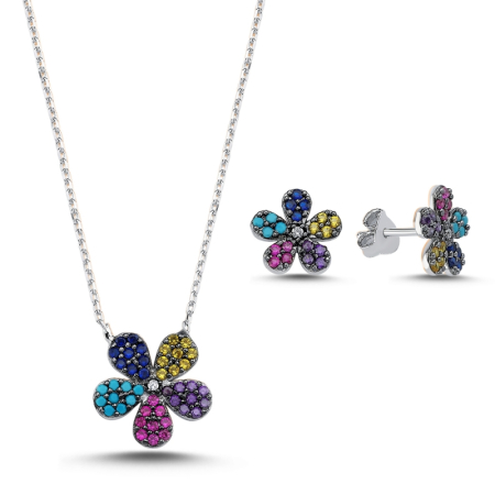 Seturi - Set argint 925 - placat cu rodiu, colier 40 cm si cercei 10 mm - Colorful zirconia Flower