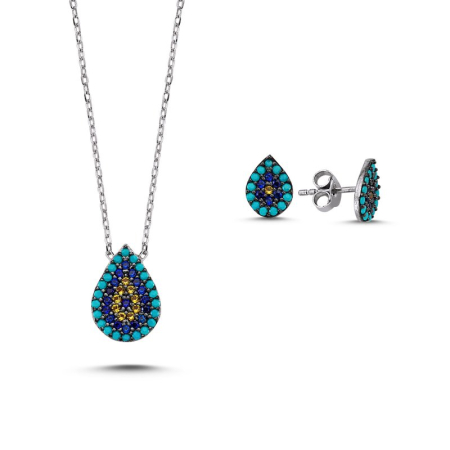 Seturi - Set argint 925 - placat cu rodiu, colier 40 cm si cercei 7 mm - Evil eye