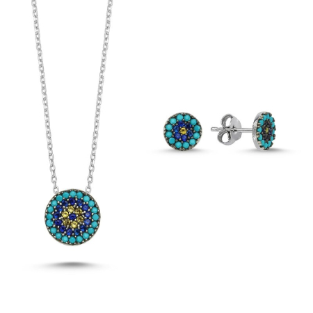Seturi - Set argint 925 - placat cu rodiu, colier 40 cm si cercei 7 mm - Zirconia Evil eye