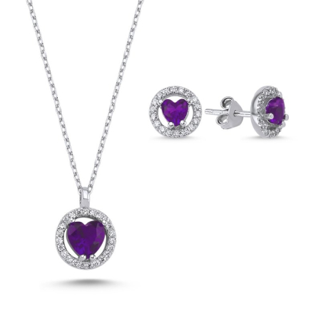 Seturi - Set argint 925 placat cu rodiu, colier Halo And Heart 40 cm, pandant 10 mm si cercei 7 mm Zirconiu