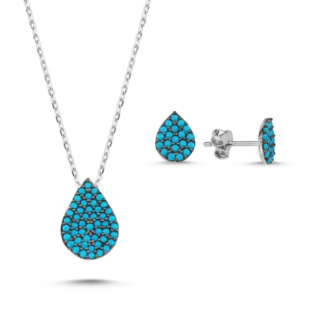 Seturi - Set argint 925 placat cu rodiu, colier Teardrop Nano Turquoise 43 cm, pandant 9 mm si cercei 7 mm, zirconiu