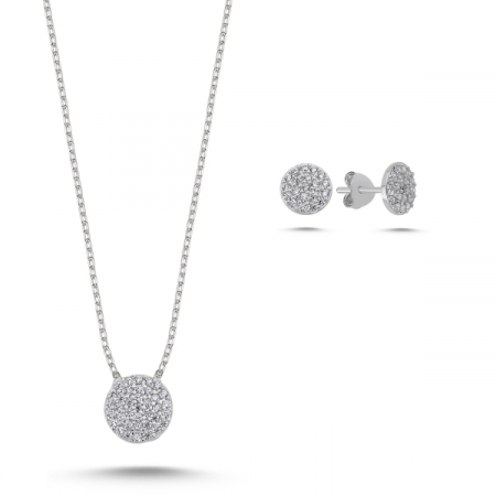 Seturi - Set argint 925 placat cu rodiu, colier ROUND cu zirconiu alb 43 cm, pandant 10 mm si cercei 7 mm