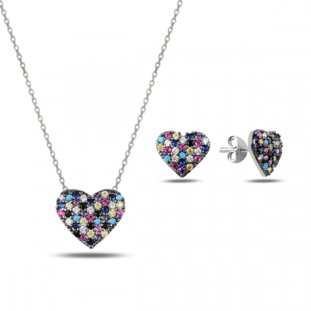 Seturi - Set argint 925 - placat cu rodiu, colier 40 cm si cercei 9 mm - Heart mix multicolor