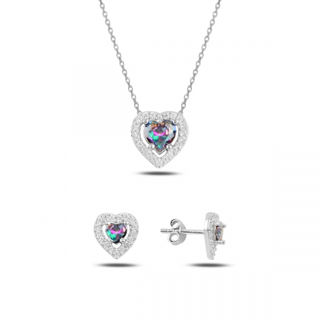 Seturi - Set argint 925 - placat cu rodiu, colier 40 cm si cercei 9 mm - Heart Topaz